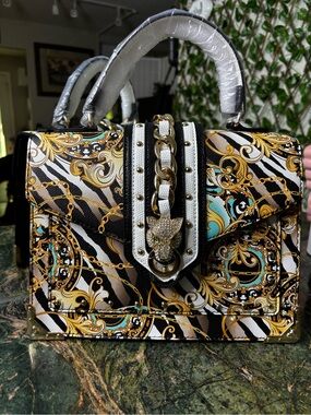 Aldo Black, White, Gold and Turquoise Baroque-Print Shoulder Bag